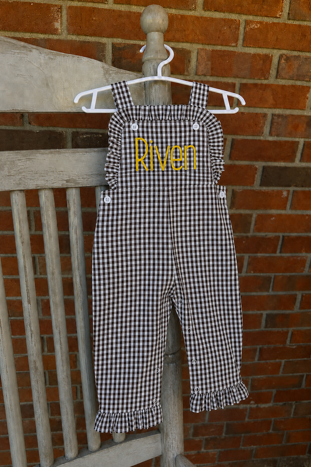 Personalized Brown Gingham Ruffle Overalls for Girls with Yellow Name Embroidery