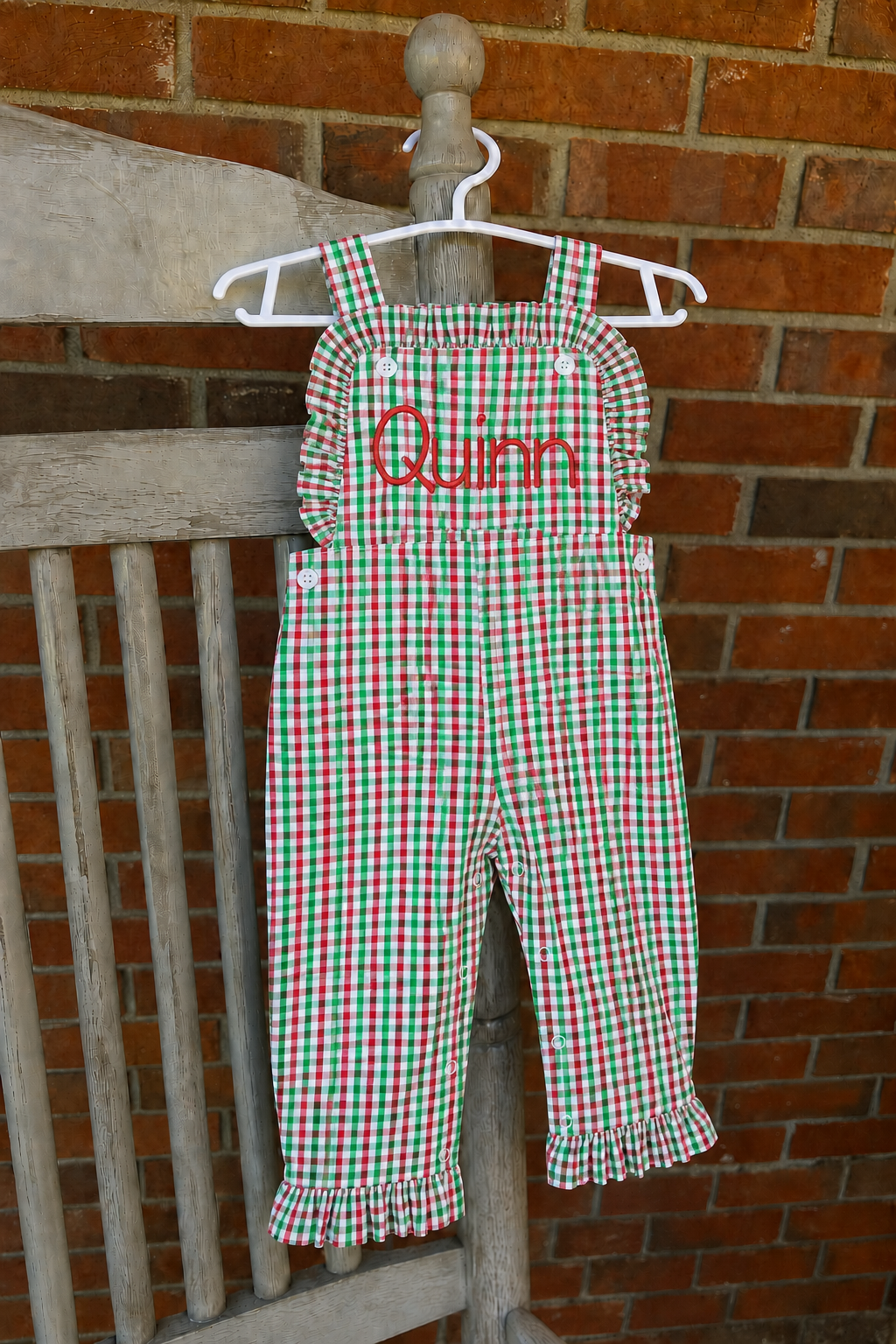 Personalized Christmas Gingham Ruffle Overalls for Girls with Embroidered Name