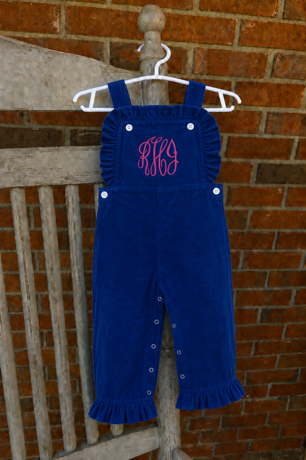 Monogrammed Navy Corduroy Ruffle Overalls for Girls with Pink Embroidery
