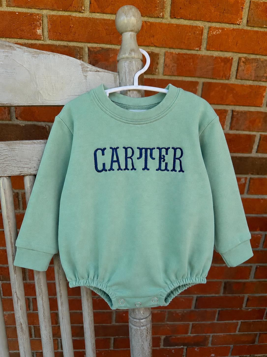 Personalized Sage Green Bubble Romper, Embroidered Name Sweatshirt Romper, Long Sleeve Baby Boy Outfit