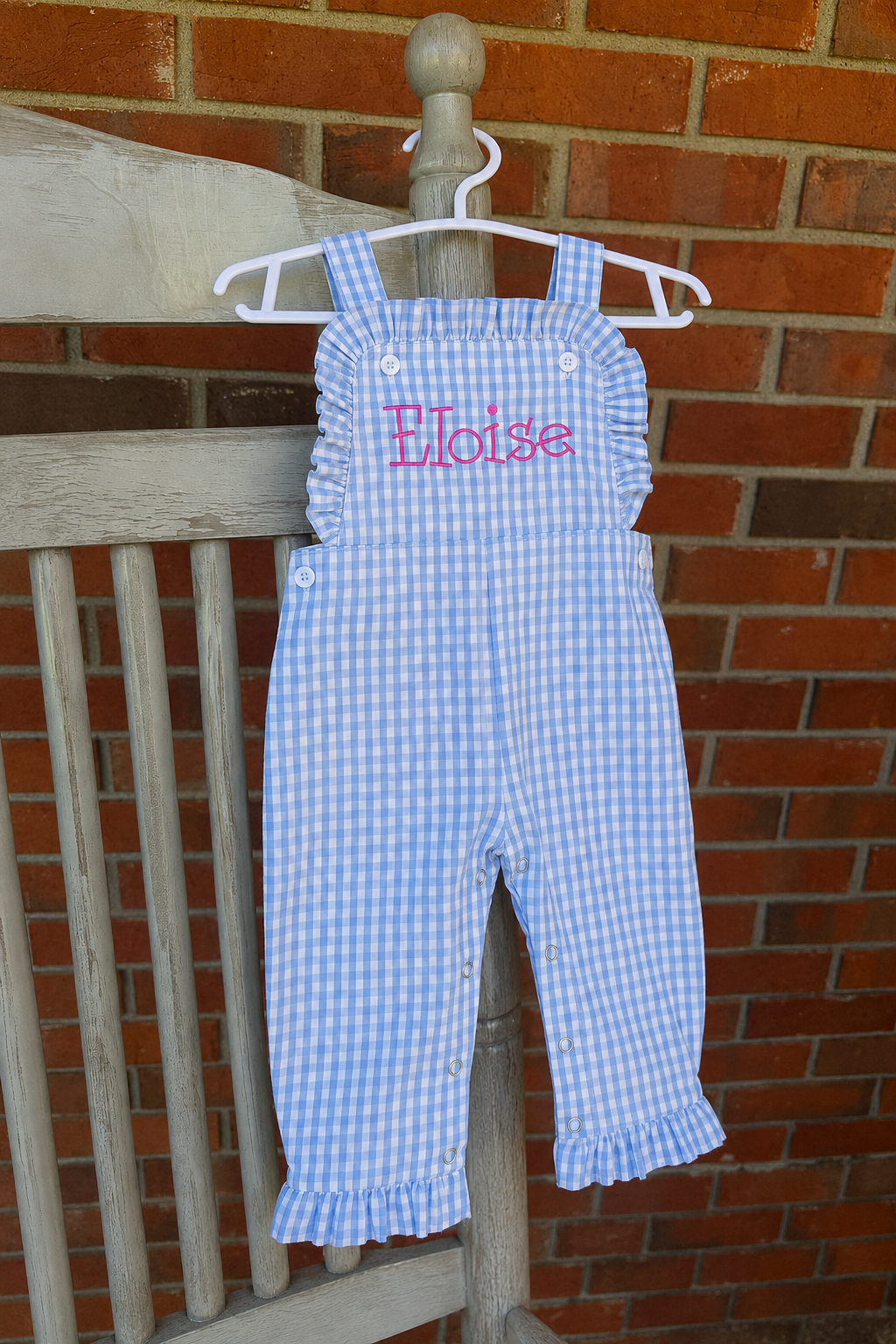 Personalized Blue Gingham Ruffle Romper for Girls with Pink Name Embroidery