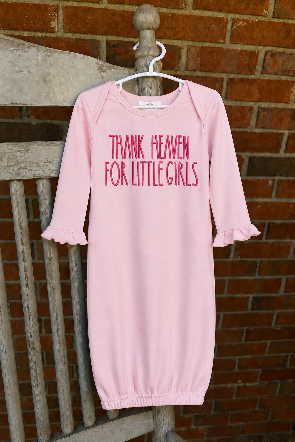 Pink Ruffle Baby Girl Gown, Thank Heaven for Little Girls Embroidery, Newborn Gift