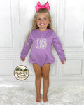 Lavender Monogram Bubble Romper, Personalized Embroidered Sweatshirt Romper, Long Sleeve Baby Girl Outfit