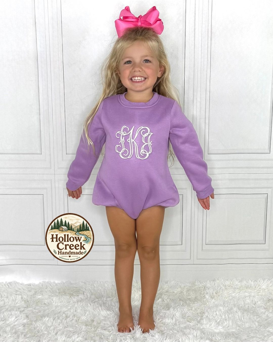 Lavender Monogram Bubble Romper, Personalized Embroidered Sweatshirt Romper, Long Sleeve Baby Girl Outfit