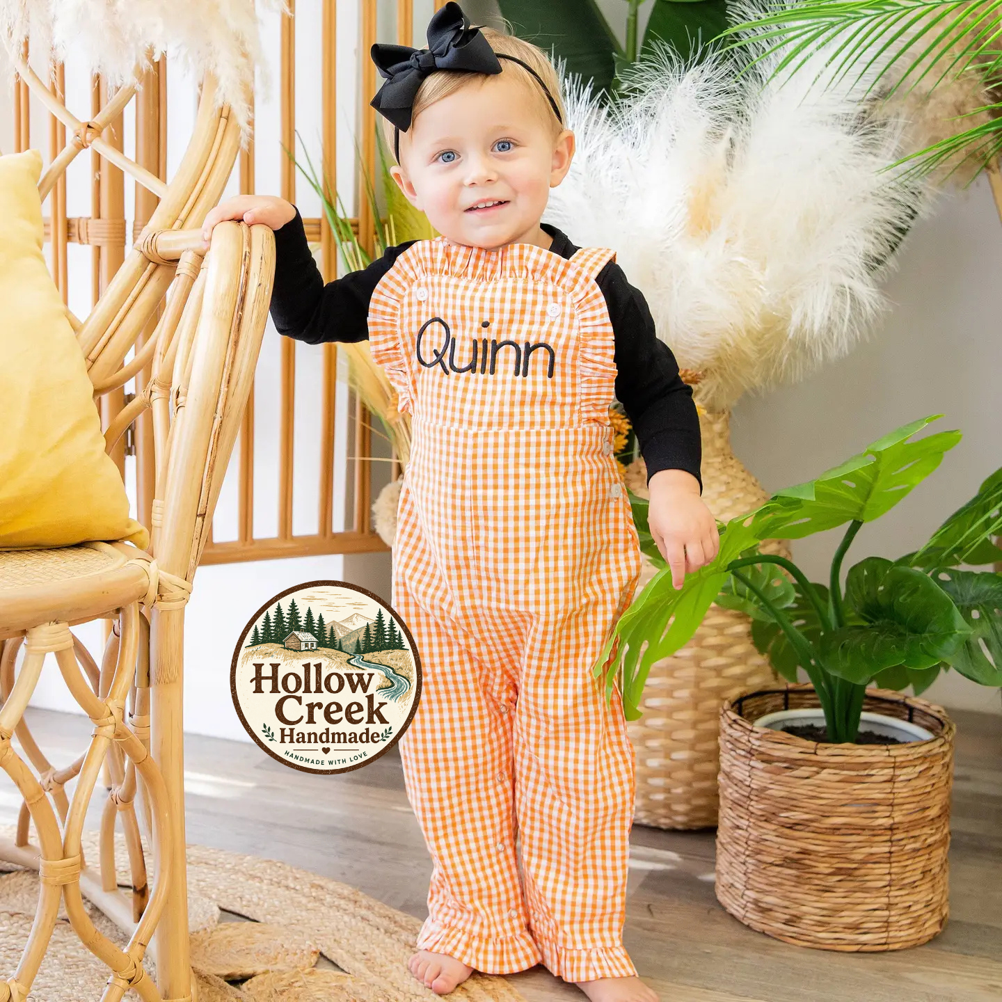 Personalized Orange Gingham Ruffle Overalls for Girls with Black Name Embroidery