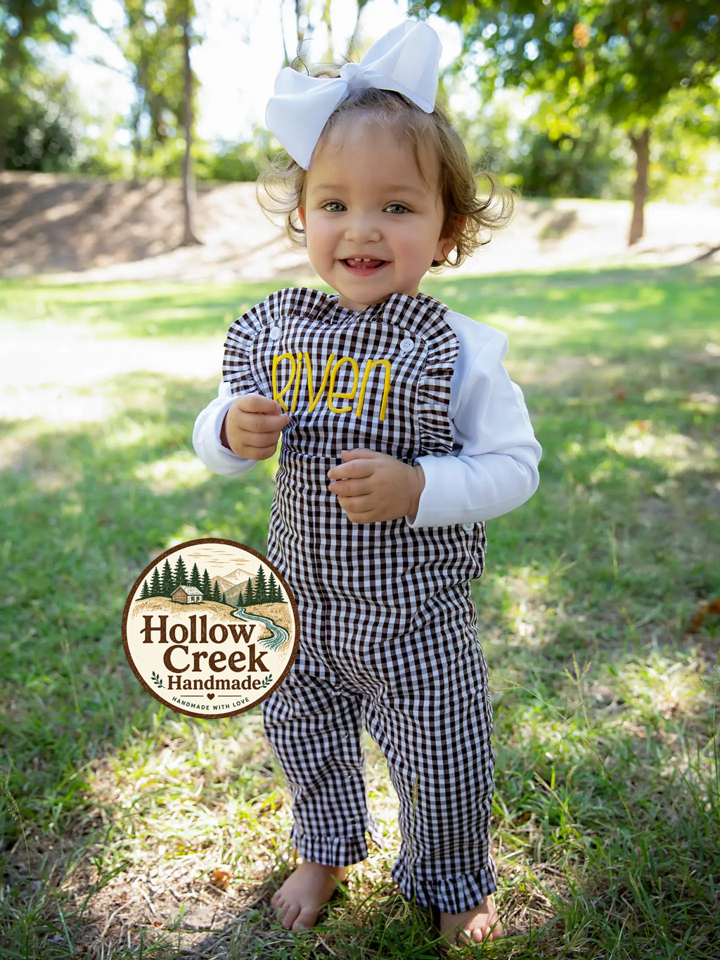Personalized Brown Gingham Ruffle Overalls for Girls with Yellow Name Embroidery