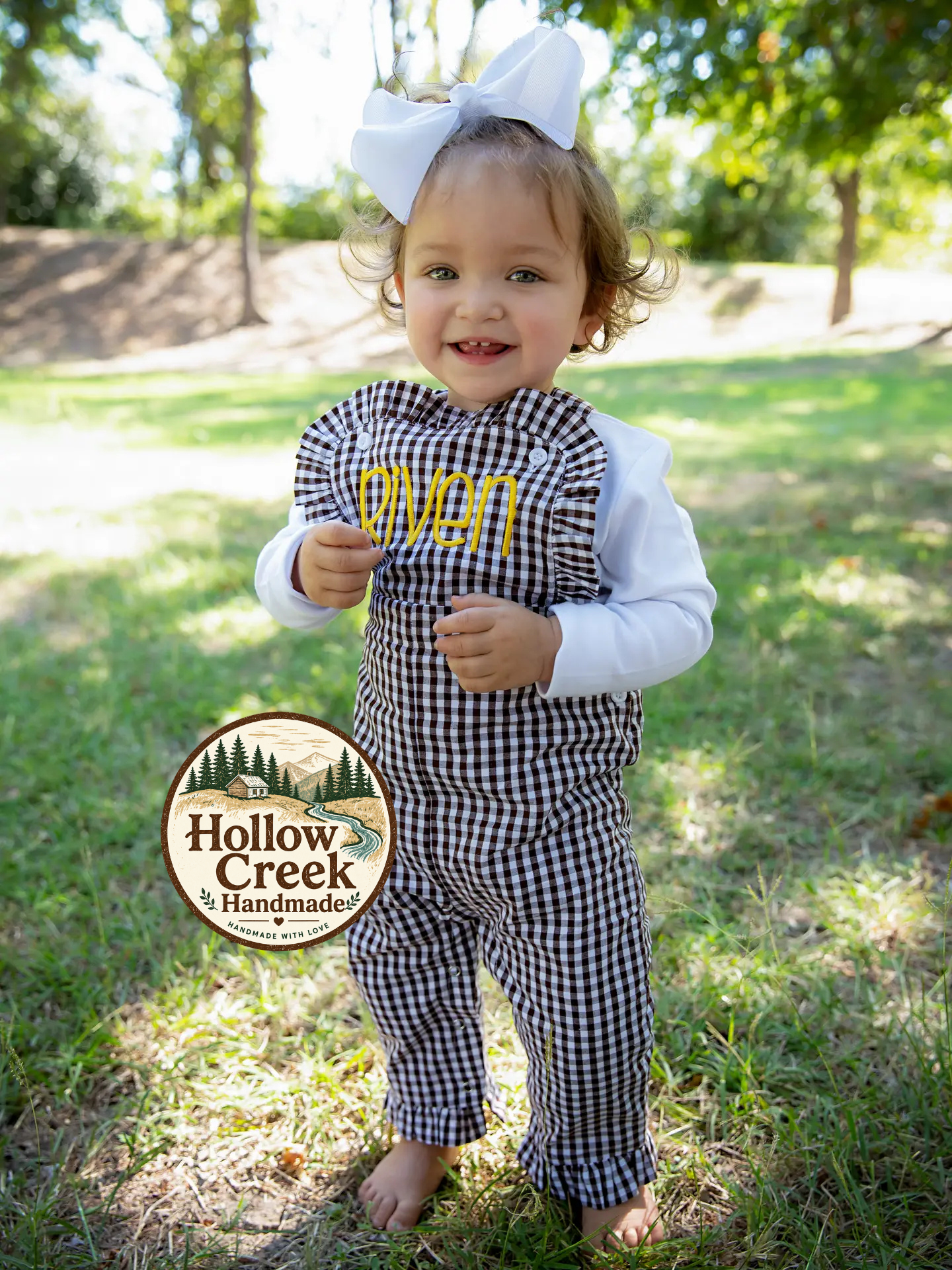 Personalized Brown Gingham Ruffle Overalls for Girls with Yellow Name Embroidery