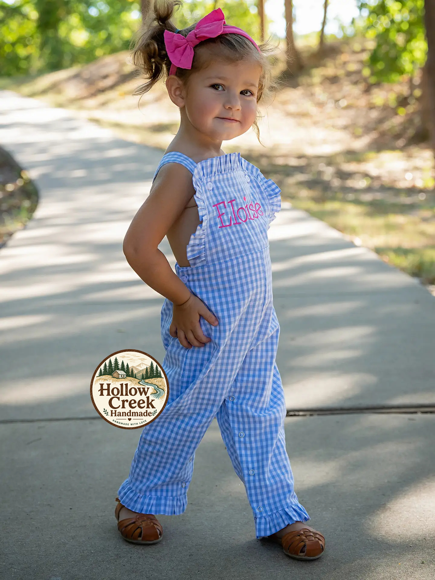 Personalized Blue Gingham Ruffle Romper for Girls with Pink Name Embroidery