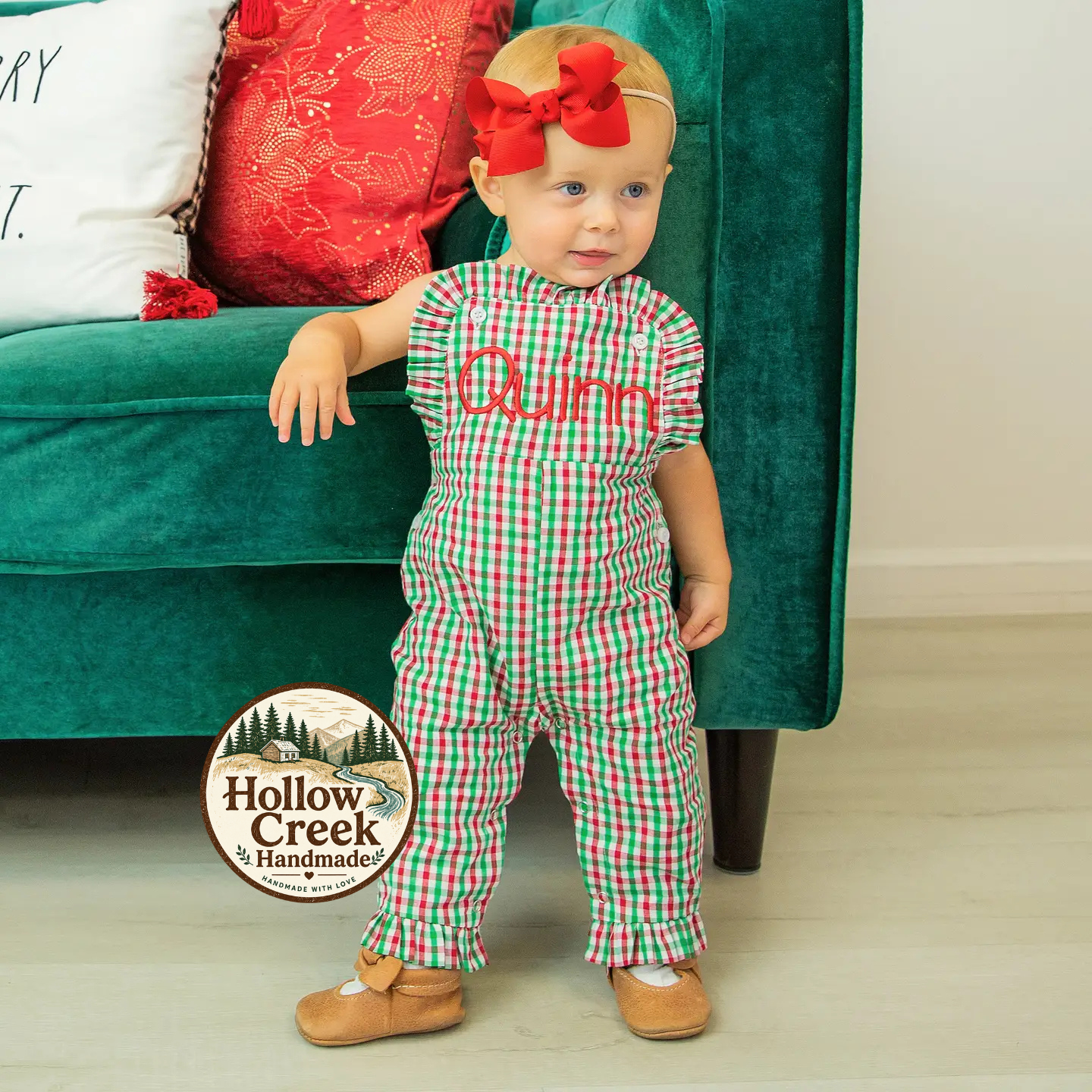 Personalized Christmas Gingham Ruffle Overalls for Girls with Embroidered Name