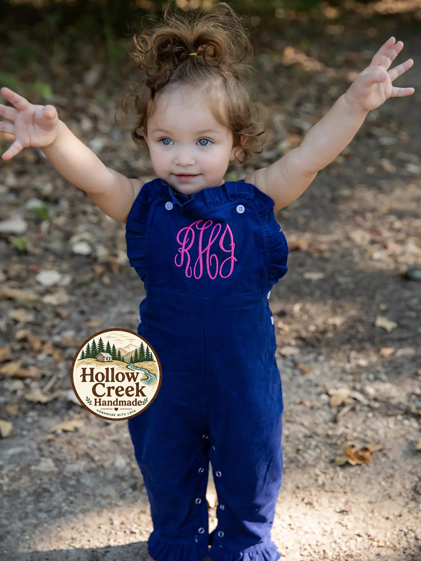 Monogrammed Navy Corduroy Ruffle Overalls for Girls with Pink Embroidery