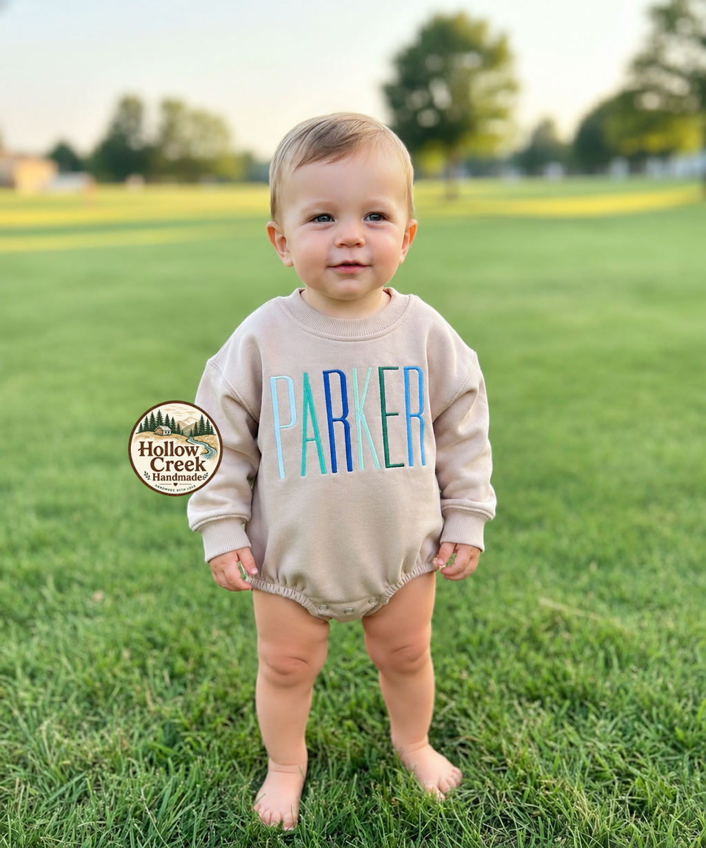 Personalized Baby Bubble Romper, Embroidered Name Sweatshirt Romper, Neutral Baby Boy Outfit, Custom Baby Gift