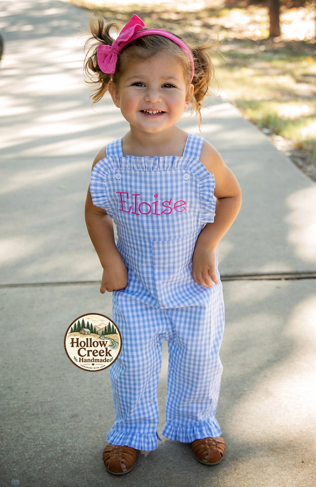 Personalized Blue Gingham Ruffle Romper for Girls with Pink Name Embroidery